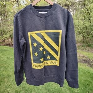 Calvin Klein Jeans Sz M Mens Navy Yellow Heavy Crew Sweatshirt Stars Stripes USA